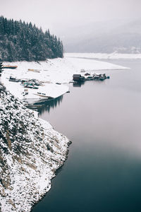 Scenic view of snow covered landscape by lake