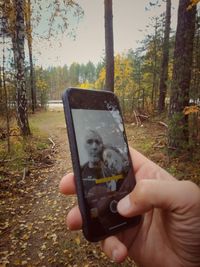 Midsection of man photographing through mobile phone in forest