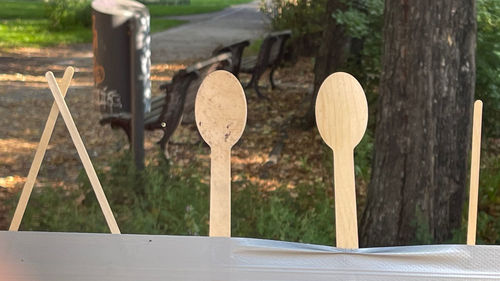 Close-up of wooden table against trees