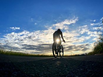 Rear view of man riding bicycle on beach against sky