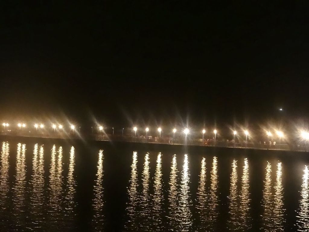 night, illuminated, water, reflection, waterfront, sea, tranquility, lighting equipment, tranquil scene, street light, lake, nature, sky, pier, scenics, river, rippled, copy space, outdoors, dark