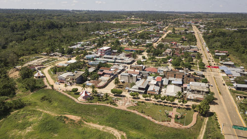 High angle view of road amidst buildings in city