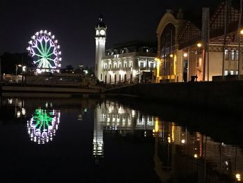 Reflection of illuminated buildings in river at night