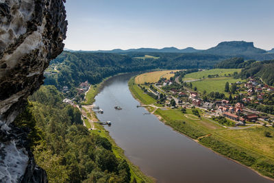 Scenic view of river amidst trees against sky