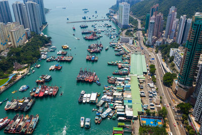 High angle view of boats at harbor