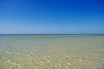 Scenic view of sea against clear blue sky