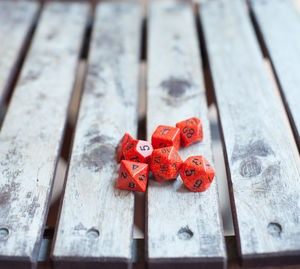 High angle view of red dices on table