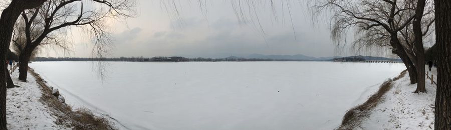 Scenic view of frozen lake against sky during winter