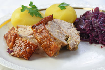 Close-up of food in plate over white background