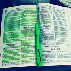 High angle view of text on book