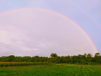 Scenic view of rainbow over landscape against sky