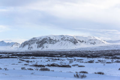 Scenic view of snowcapped mountains against sky