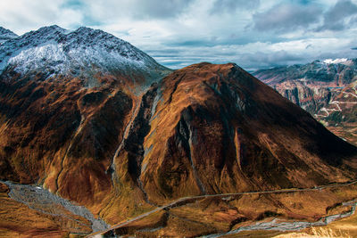 Panoramic view of mountain range against cloudy sky