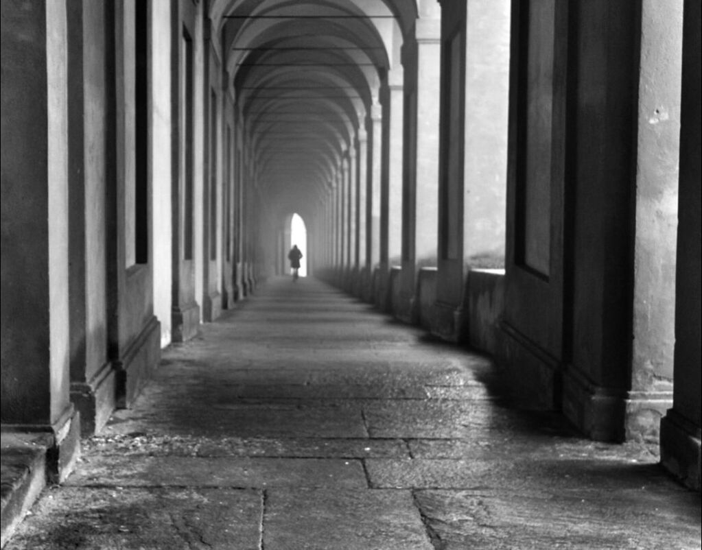 the way forward, indoors, corridor, architecture, built structure, diminishing perspective, colonnade, architectural column, vanishing point, arch, in a row, column, incidental people, walkway, rear view, walking, men, history