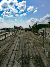 High angle view of railway tracks against sky on sunny day