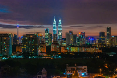 High angle shot of illuminated cityscape