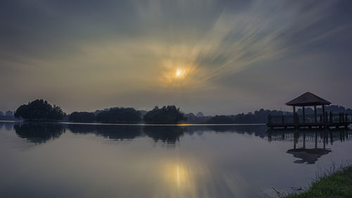 Scenic view of lake against sky during sunset