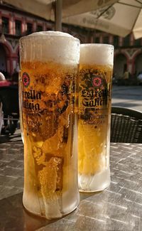 Close-up of beer glass on table