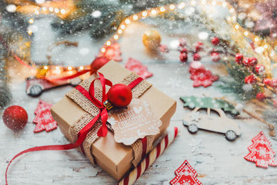 Close-up of christmas decoration on table