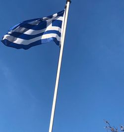 Low angle view of flag against clear blue sky