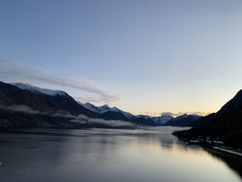 Scenic view of lake and mountains against sky