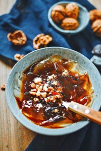 High angle view of soup in bowl on table
