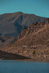 Scenic view of landscape and mountains against clear blue sky