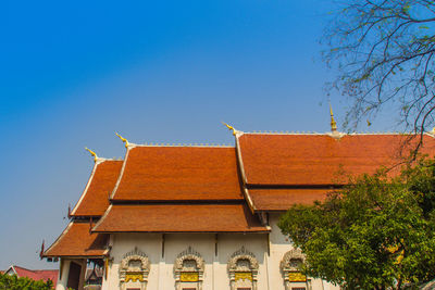 Low angle view of building against clear blue sky