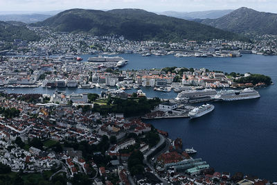 High angle view of townscape by sea