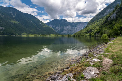 Scenic view of lake by mountains against sky