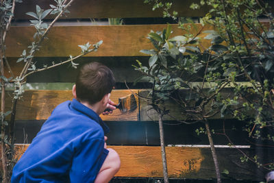 Rear view of boy standing by plants