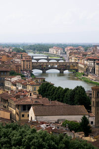 High angle view of buildings and bridge in city against sky