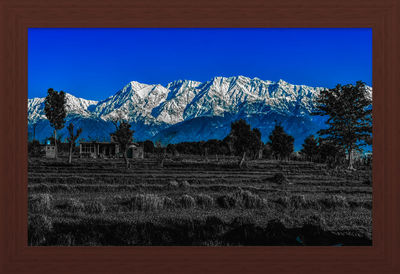 Scenic view of snowcapped mountains against clear blue sky