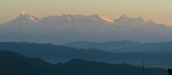 Scenic view of mountains against sky during sunset