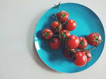Directly above shot of tomatoes in plate on table