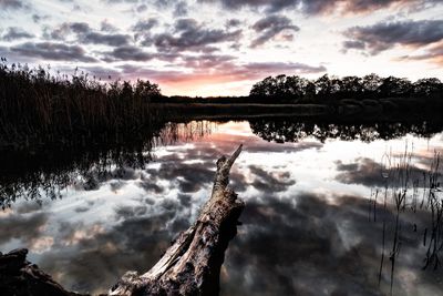 Scenic view of lake against sky at sunset