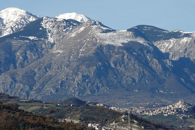 Scenic view of snowcapped mountains against clear sky