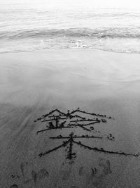 High angle view of japanese text on shore at beach