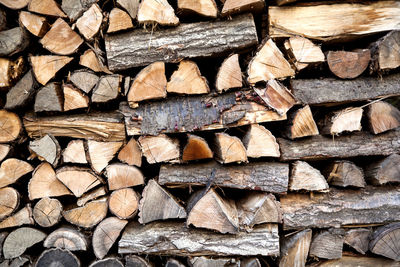 Full frame shot of stacked wooden logs
