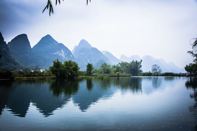 Scenic view of lake and mountains against sky