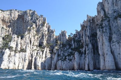 Panoramic view of rocks in sea against clear blue sky