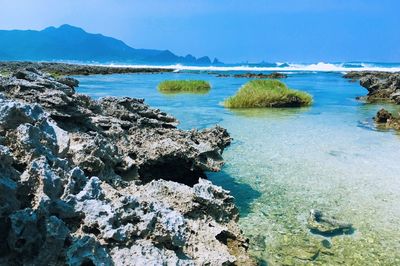 Scenic view of sea against blue sky