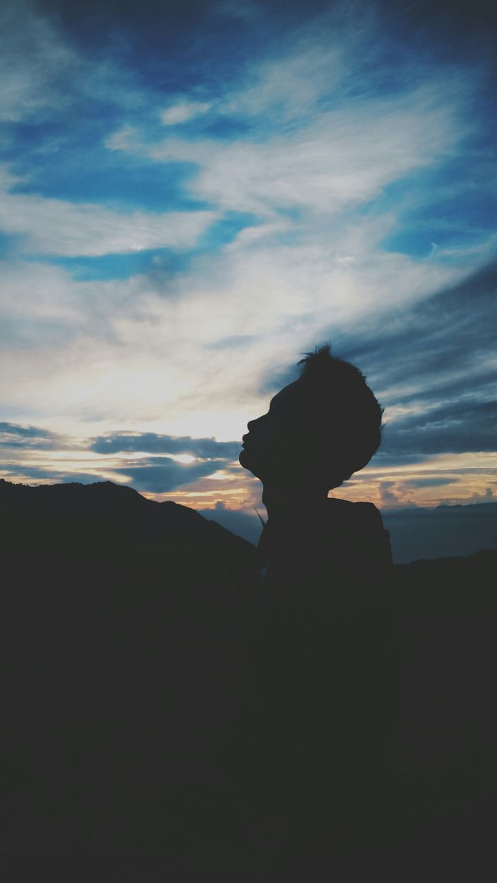 silhouette, sky, tranquility, sunset, tranquil scene, scenics, beauty in nature, cloud - sky, nature, dusk, outline, mountain, idyllic, cloud, outdoors, dark, landscape, copy space