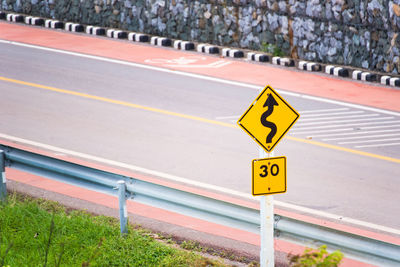 High angle view of sign by road