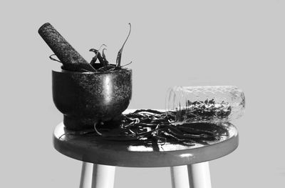 Close-up of potted plant on table against white background