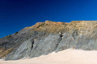 Low angle view of mountain against clear blue sky