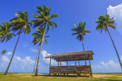 Built structure on landscape against sky