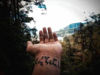 Close-up of human hand against trees