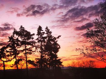 Silhouette trees against romantic sky at sunset