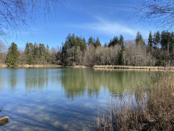 Scenic view of lake against blue sky